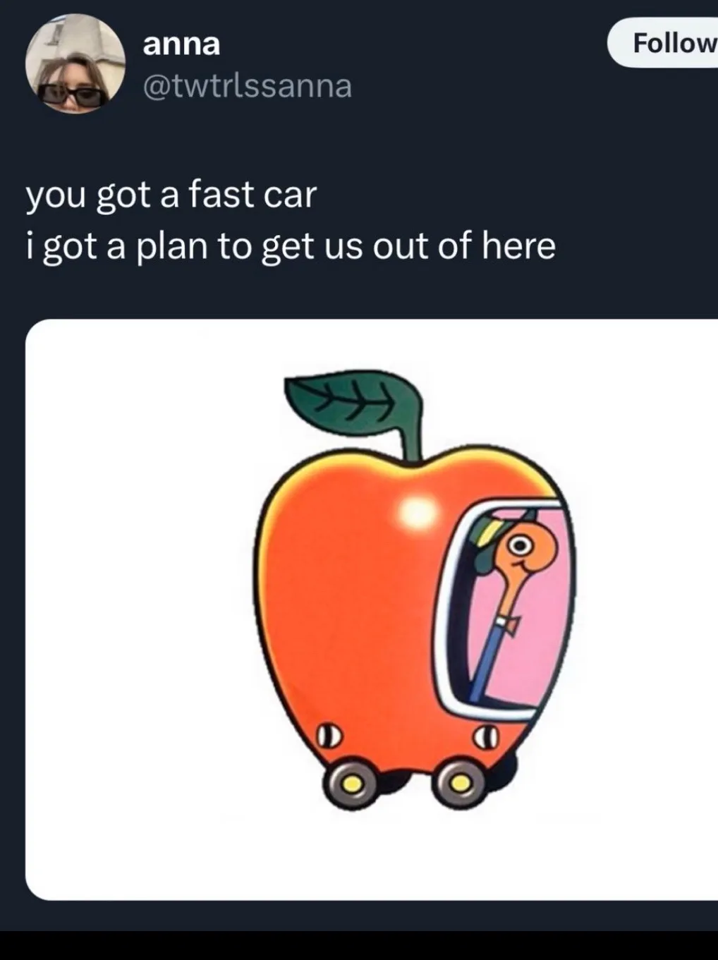 A cartoon image of an orange apple with wheels and a small window, inside which a cartoon character with a long neck and bow…