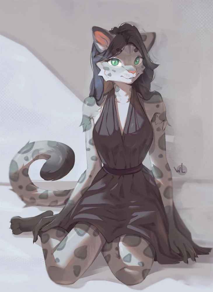 A digital illustration of a humanoid female character with leopard-like features including spotted fur, cat ears, a long…