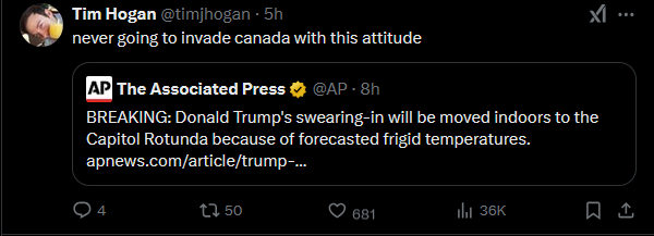 A screenshot of a tweet by Tim Hogan showing a tweet from The Associated Press about moving Donald Trump's swearing-in…