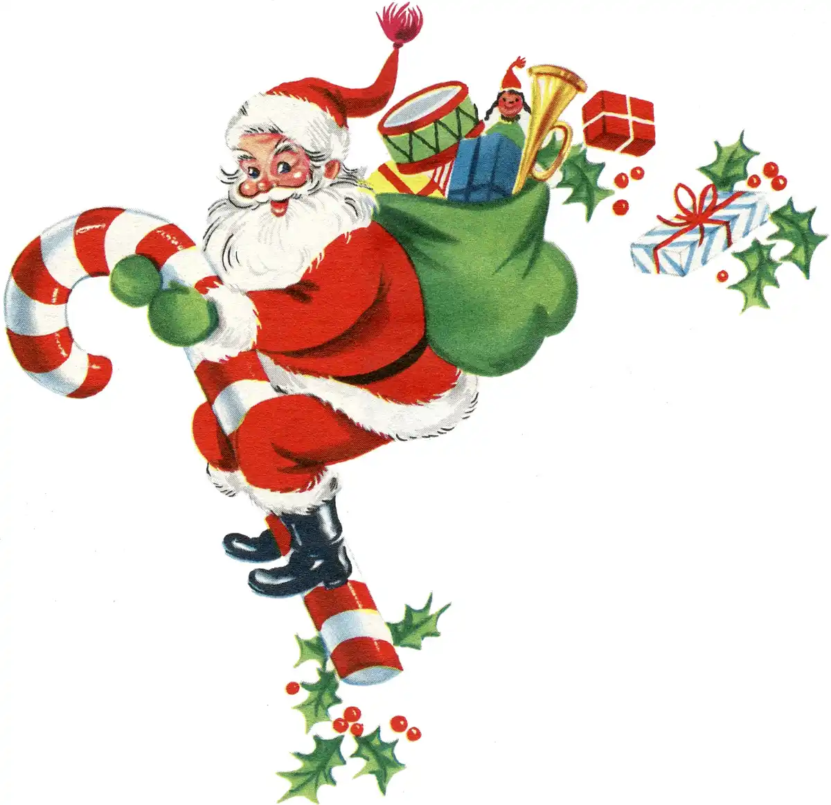 A vintage illustration shows a cheerful Santa Claus in a red suit with white trim, holding a giant red-and-white striped…