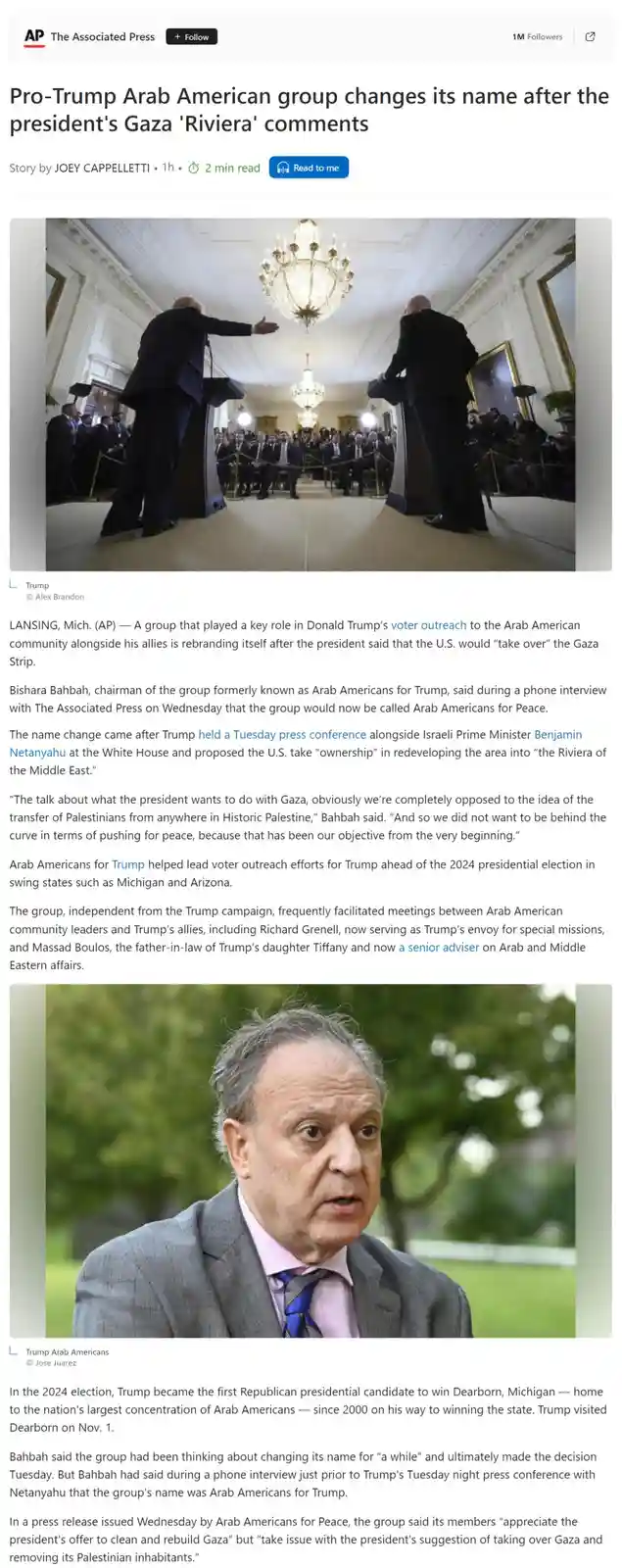 The image is a screenshot of an Associated Press news article about a pro-Trump Arab American group changing its name to…