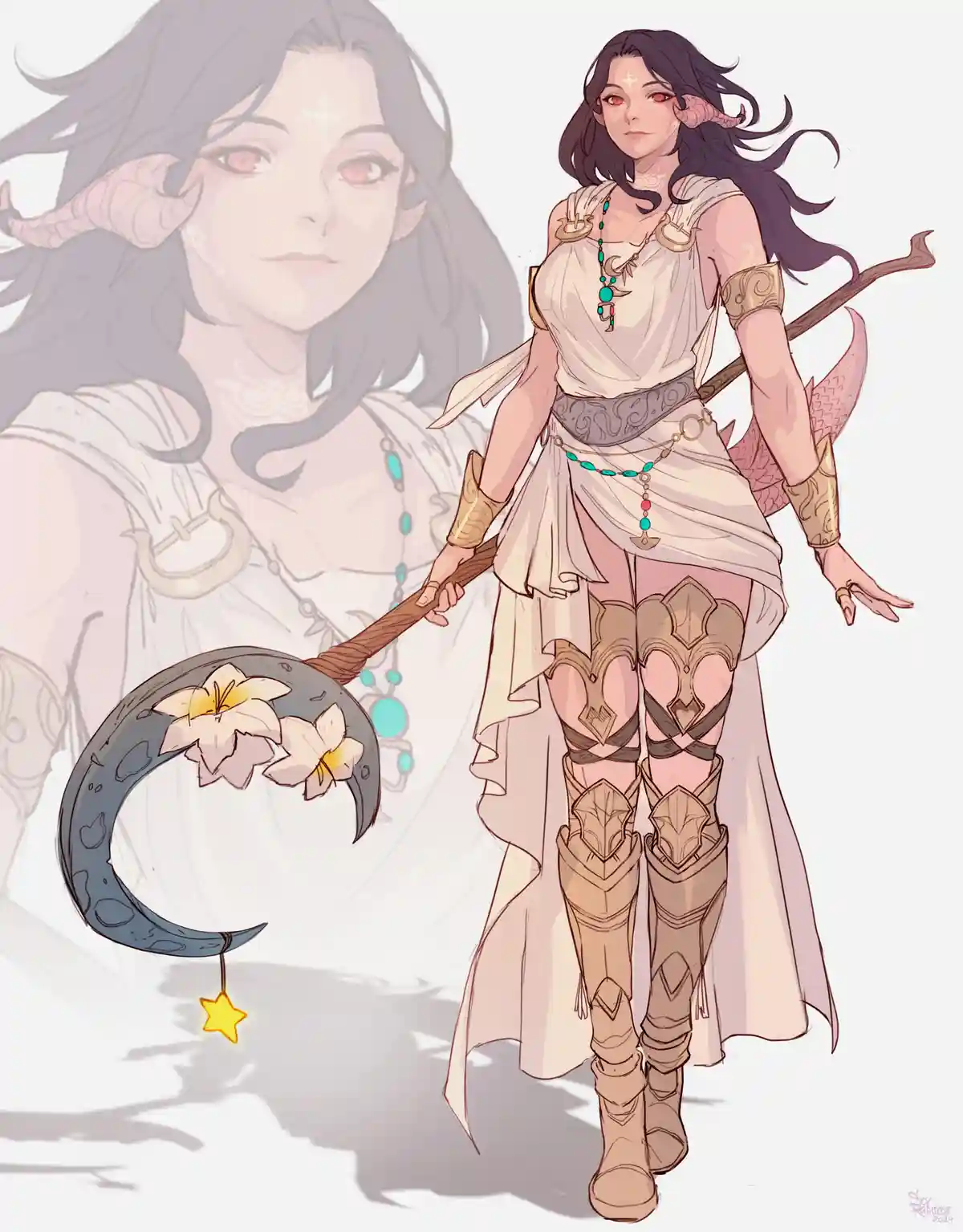 A fantasy illustration of a woman with dark hair, red eyes, and small horns, wearing a white draped outfit with gold armor…