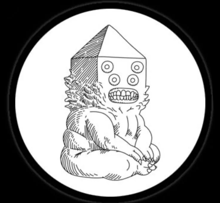 A black-and-white line drawing of a hunched, furry creature with a square, pyramid-topped crystal head featuring four…