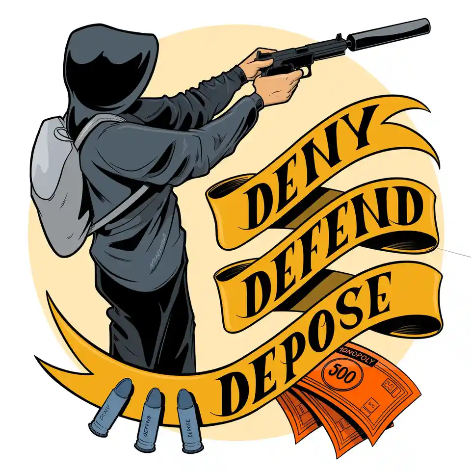 A cartoon illustration of a hooded figure aiming a submachine gun, with a large yellow banner displaying the words 'DENY'…