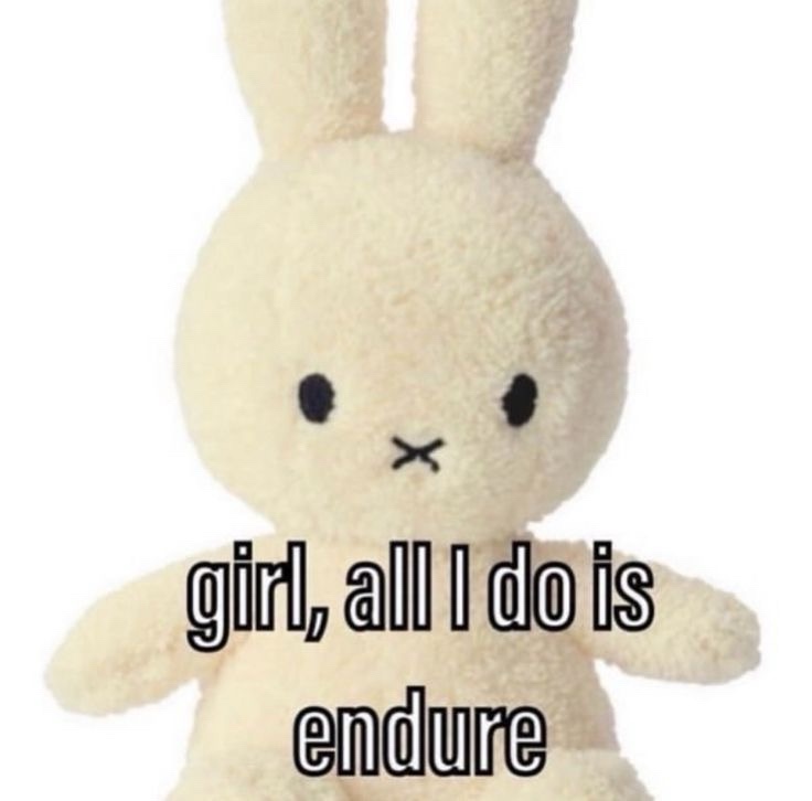 A close-up of a cream-colored plush rabbit with simple black eyes and a stitched X for a mouth, set against a plain white…