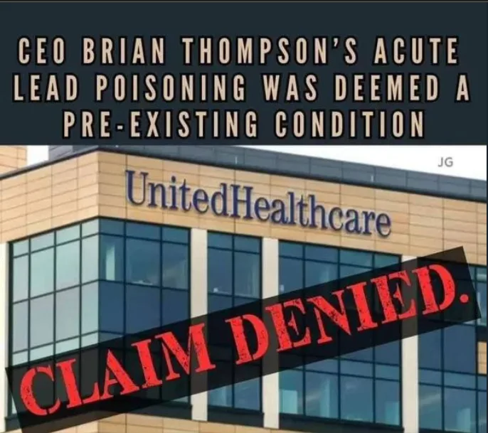 An image of a UnitedHealthcare building with overlaid text stating 'CEO BRIAN THOMPSON'S ACUTE LEAD POISONING WAS DEEMED A…