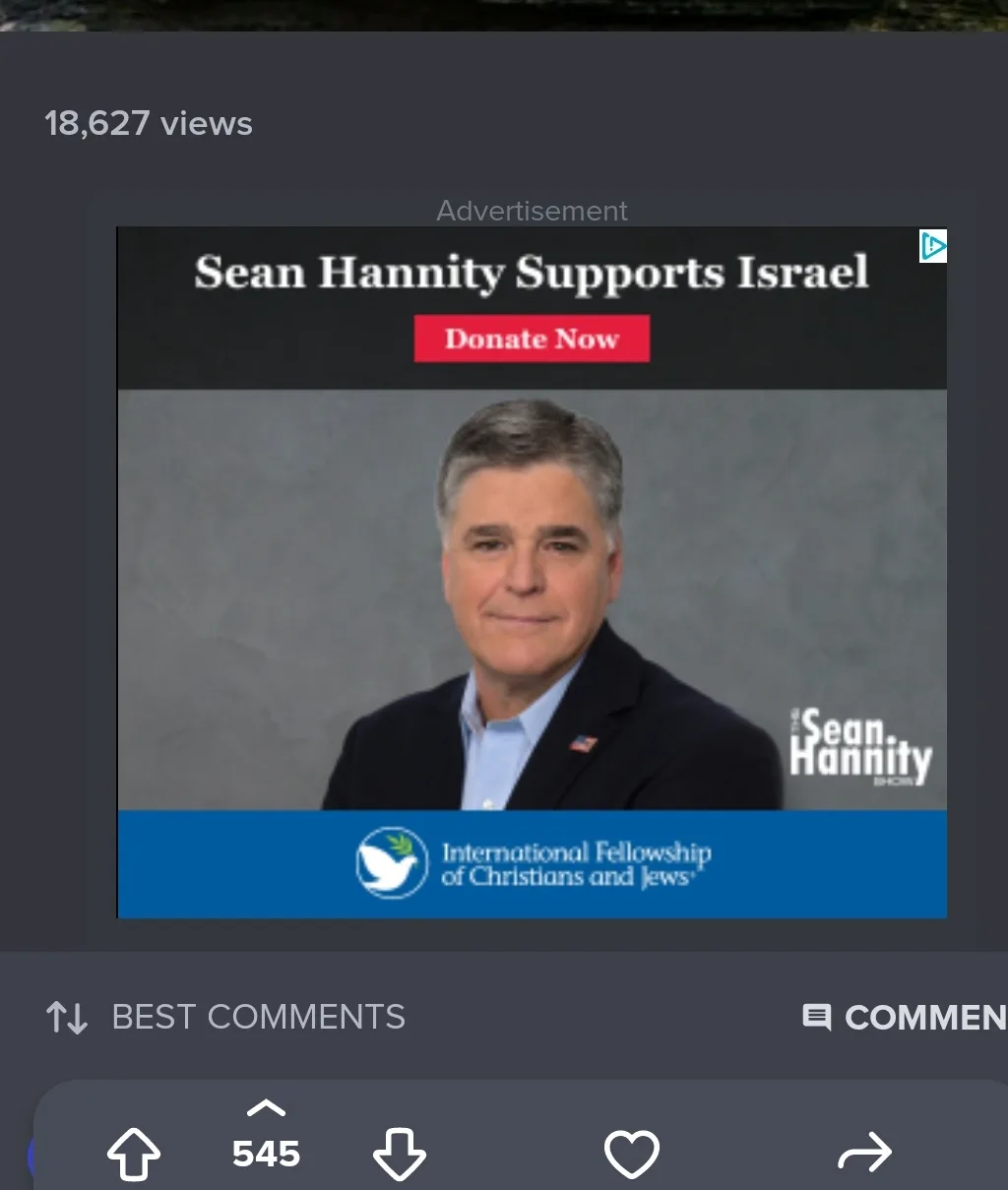 An advertisement image shows Sean Hannity smiling, with text above him reading 'Sean Hannity Supports Israel' and a red…