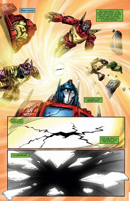 A comic book panel shows Optimus Prime and other Transformers in a swirling vortex of energy. Text boxes state 'THE…
