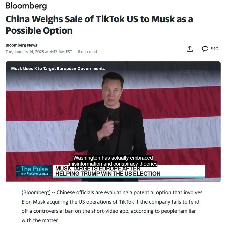 A screenshot of a Bloomberg news article from January 14, 2025, featuring a photo of Elon Musk speaking in front of an…