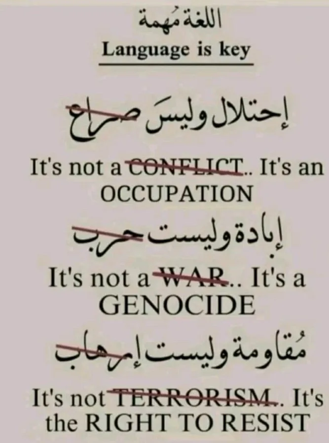 The image displays Arabic text with English translations below each phrase, where the original Arabic word is crossed out…