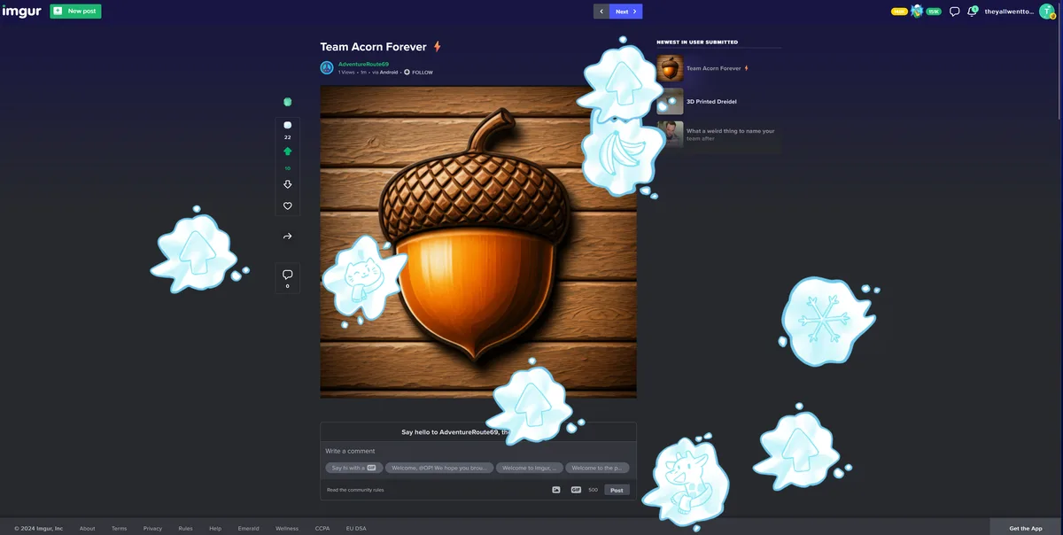 An Imgur post shows a large, cartoon-style acorn on a wooden background, surrounded by floating ice-blue bubbles containing…