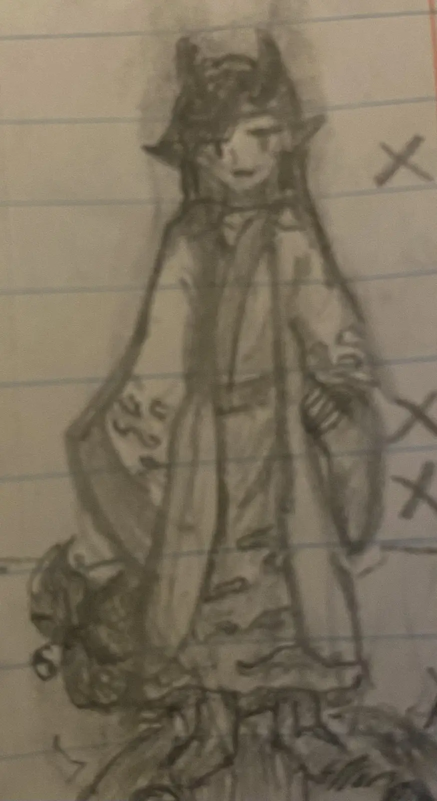 A rough pencil sketch on lined notebook paper depicts a stylized, possibly anime-inspired character wearing a tall hat and a…