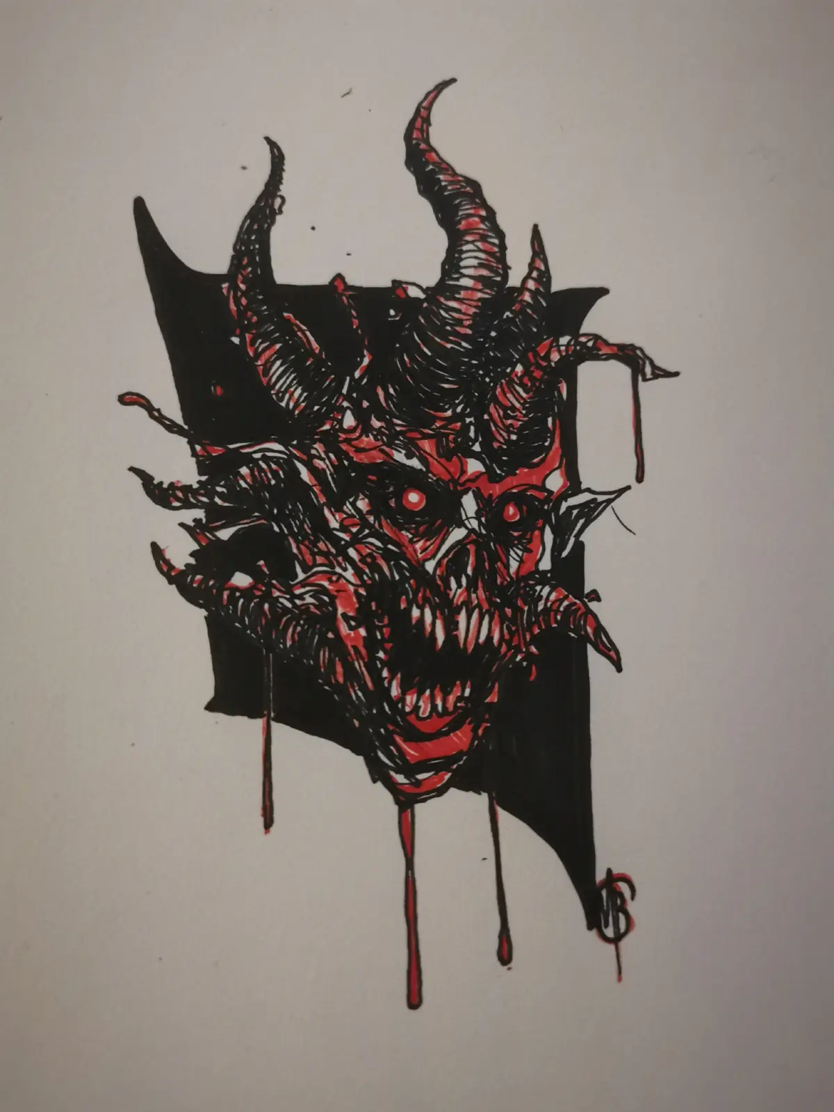 A hand-drawn illustration depicts a demonic face with multiple sharp horns, glowing red eyes, and a wide, toothy grin. The…