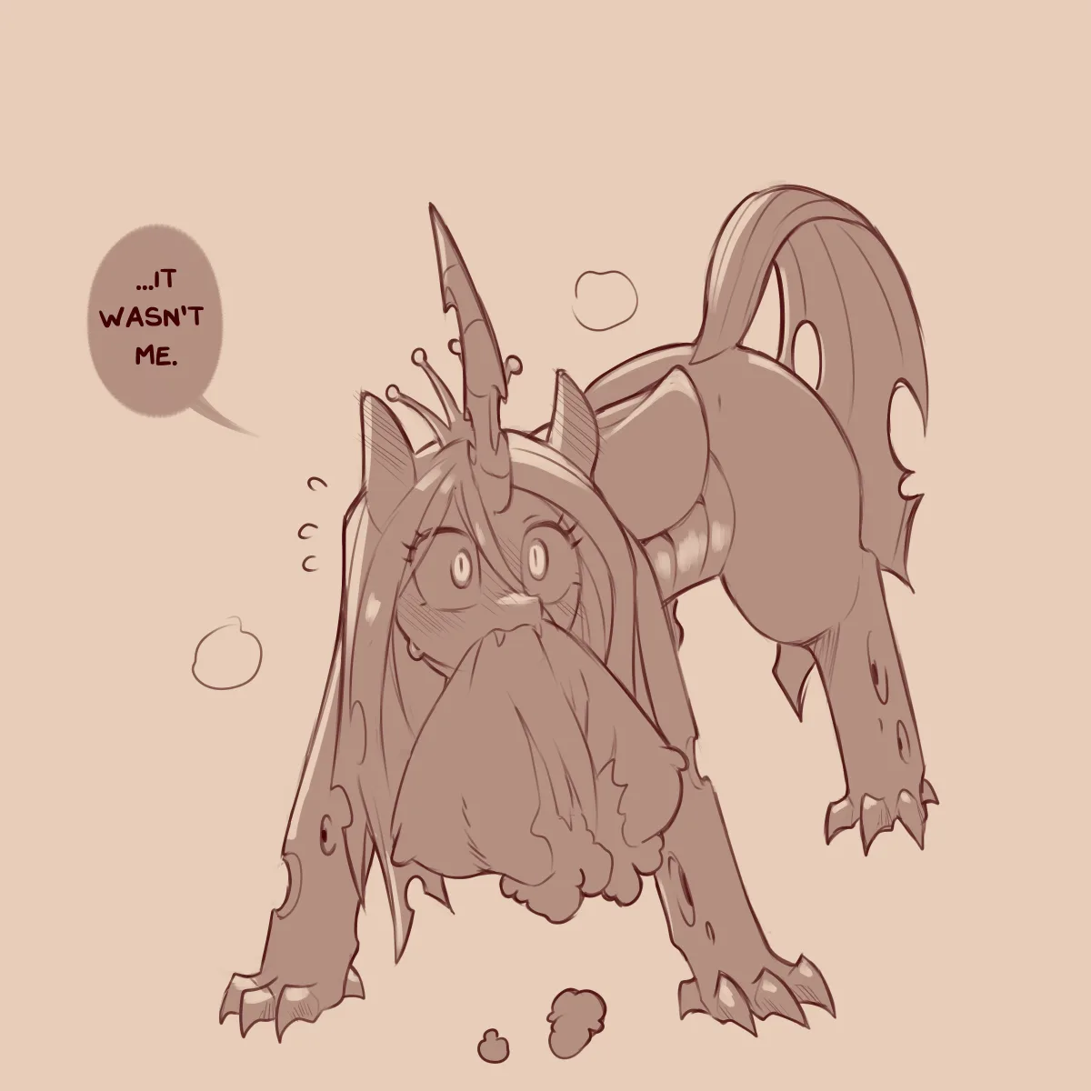 A sepia-toned cartoon drawing of a distressed, horned, pony-like creature with long hair and a crown, cowering and covering…
