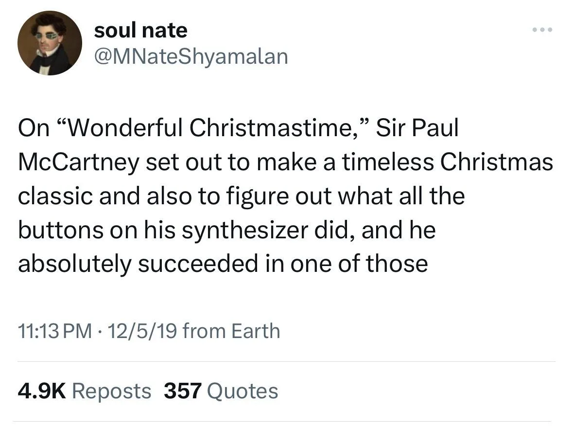 The image is a screenshot of a tweet by user 'soul nate' (@MNateShyamalan) posted on December 5, 2019. The tweet text reads…
