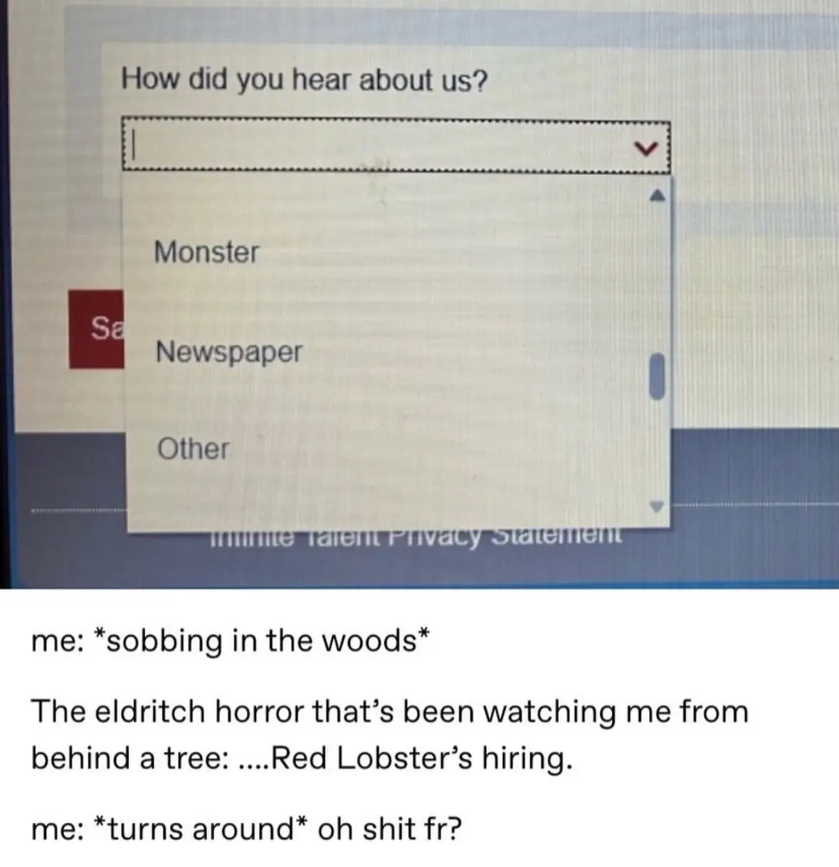 A screenshot of a website's 'How did you hear about us?' dropdown menu showing options like 'Monster', 'Newspaper', and…