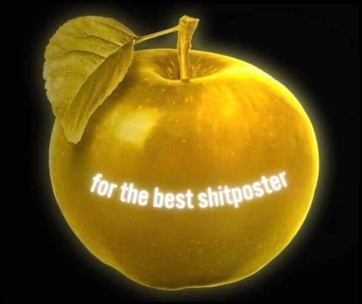 A glowing golden apple with a single leaf and stem, set against a black background, has the text 'for the best shitposter'…