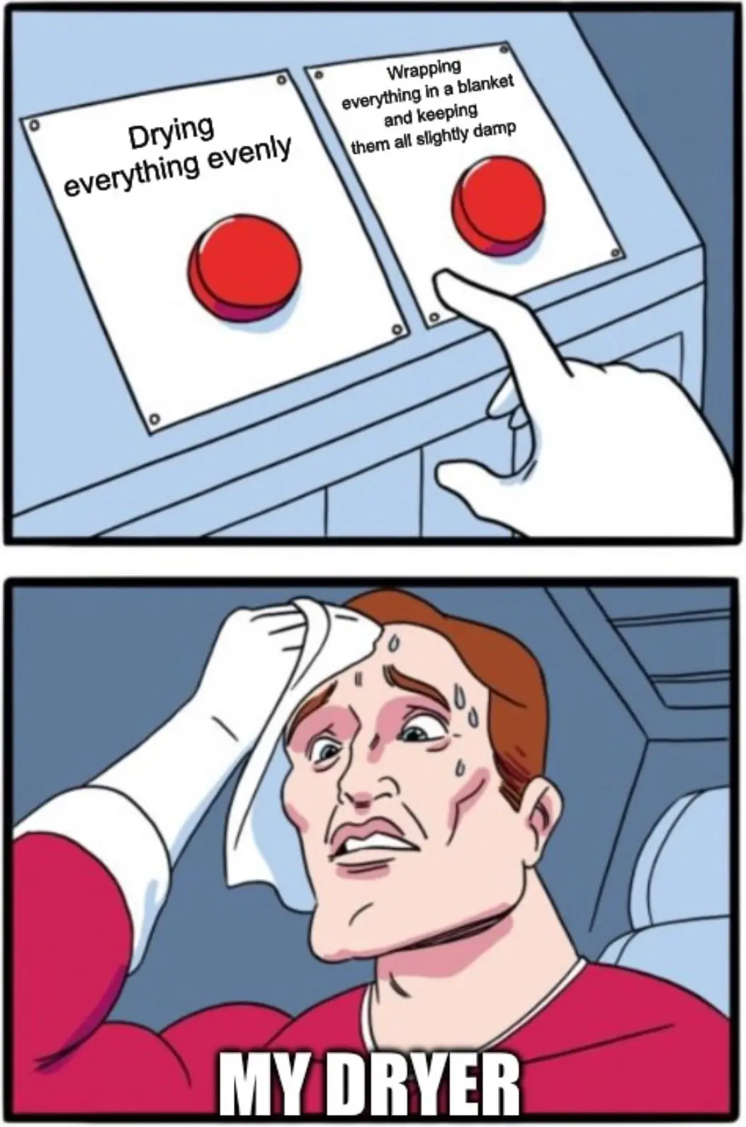 The top panel shows a hand hovering over two red buttons labeled 'Drying everything evenly' and 'Wrapping everything in a…