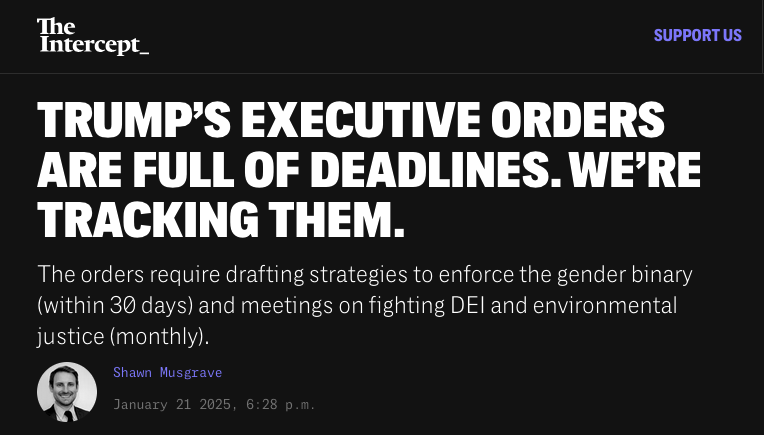 A screenshot of a news article from The Intercept with a black background and white text. The headline reads 'TRUMP'S…