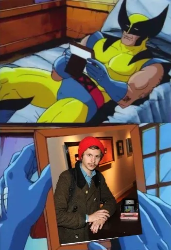 The image is a two-panel meme. The top panel shows the animated character Wolverine in his yellow and blue costume, lying in…