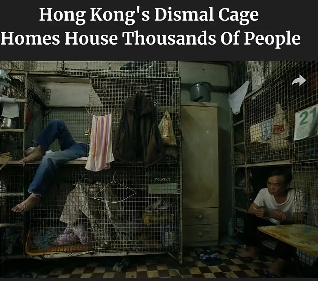 The image shows a cramped, dimly lit interior with two people inside wire-mesh cage-like structures. One person lies on a…