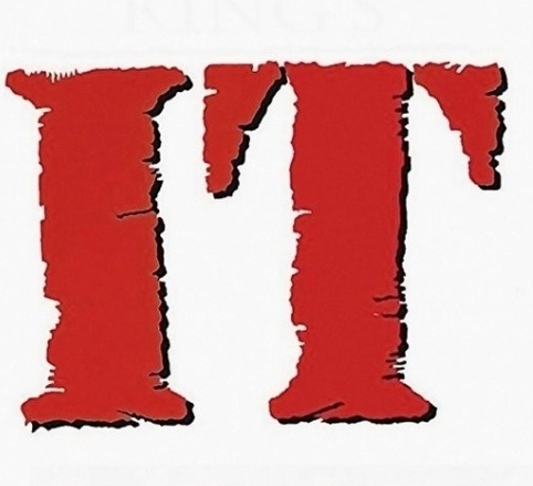 The image displays the iconic red, distressed lettering of 'IT' from the 1990 Stephen King horror film, set against a plain…