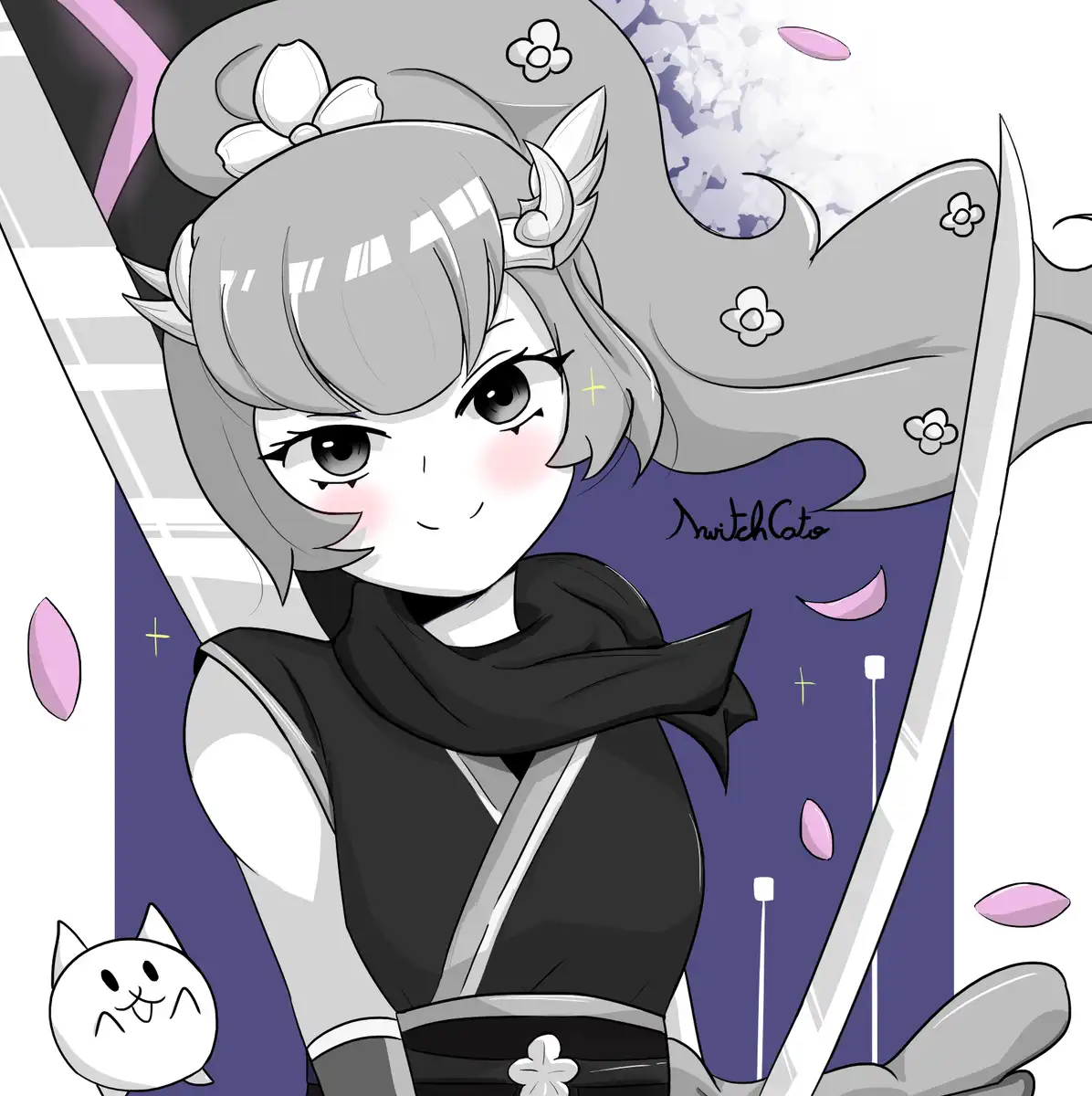 An anime-style illustration of a young girl with grey hair, cat ears, and a black outfit holding two swords, with a small…