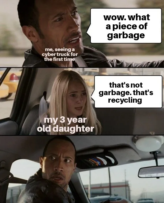 A three-panel meme featuring Dwayne Johnson in a car, first reacting with disgust to a Cybertruck, then his 3-year-old…