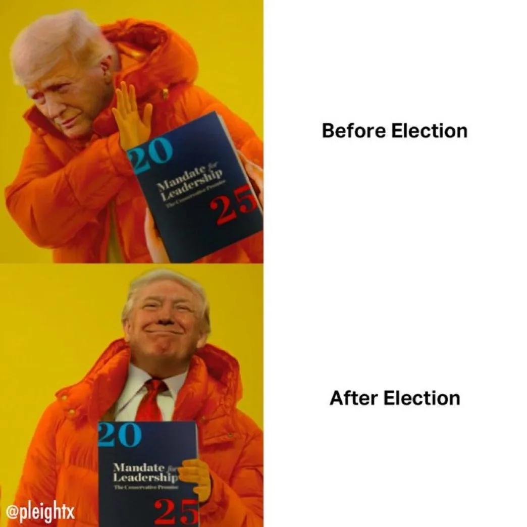 The meme shows two images of Donald Trump in an orange puffer jacket holding a book titled 'Mandate for Leadership: The…