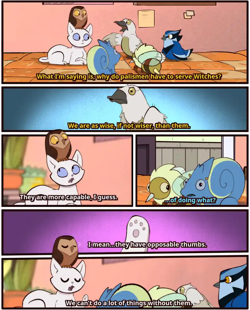 A comic strip featuring cartoon animal characters, including a white cat with an owl on its head, a blue snail, and other…