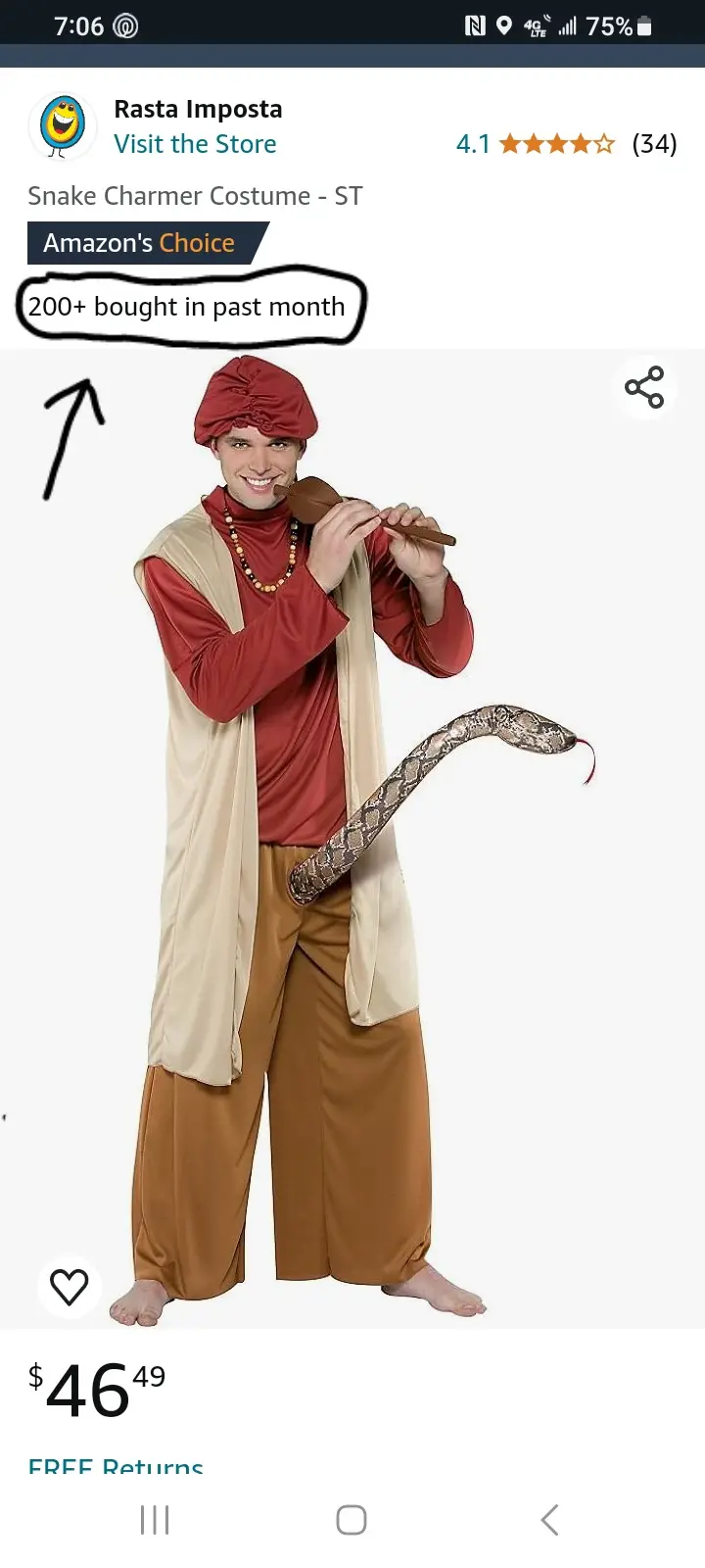 A screenshot of an Amazon product page for a 'Snake Charmer Costume' shows a man in a red turban, red shirt, beige vest, and…