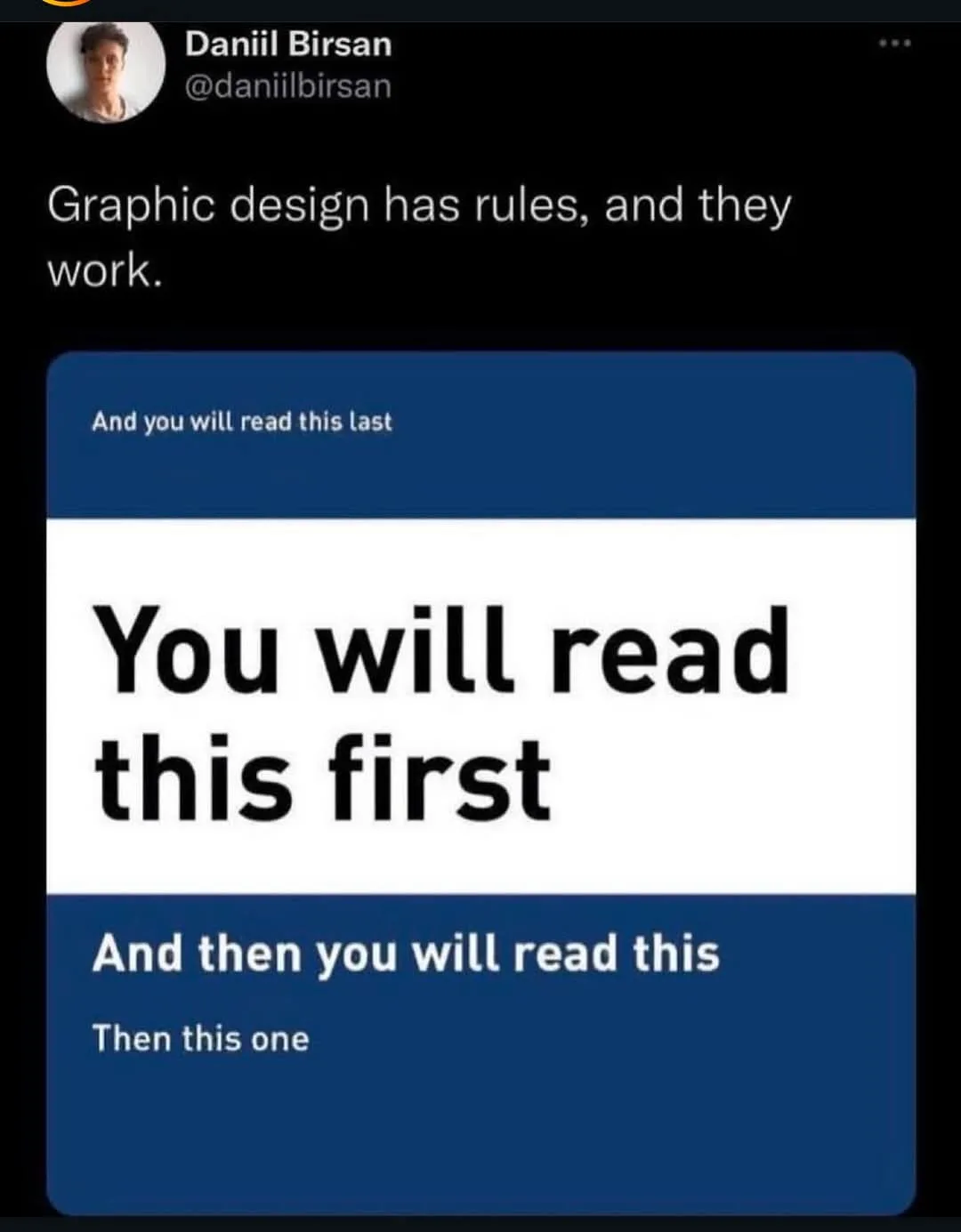 A screenshot of a tweet by Daniil Birsan showing a graphic design example with three text blocks in blue and white sections…