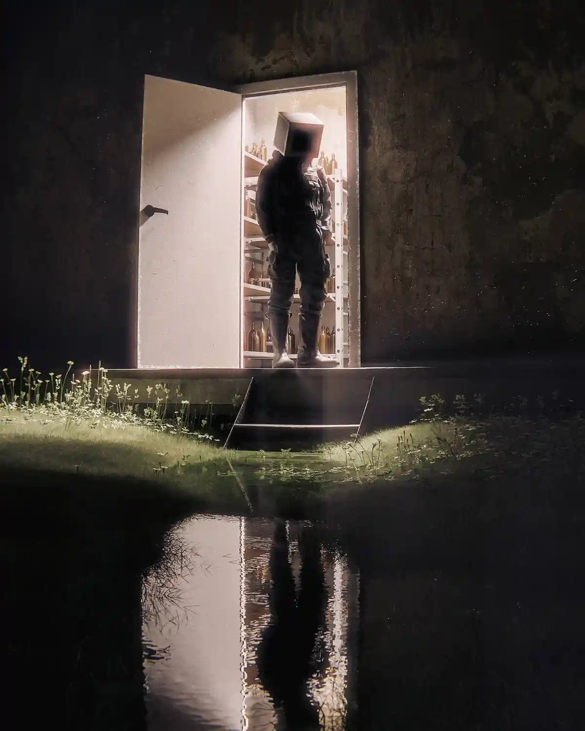 A person wearing a box for a head stands in a brightly lit doorway, facing shelves filled with bottles, while their…