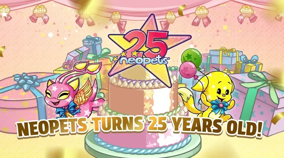 A celebratory image for Neopets' 25th anniversary, featuring a large pink birthday cake with a star-shaped '25' on top…
