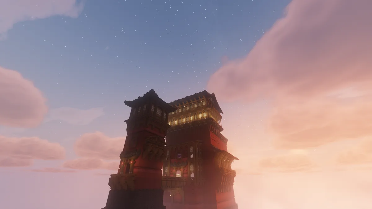 A screenshot from the game Minecraft shows a large, multi-story, blocky building with red and brown wooden textures…
