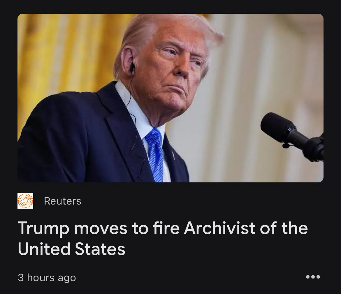 A screenshot of a Reuters news alert showing a photo of Donald Trump looking serious while wearing a suit and blue tie, with…
