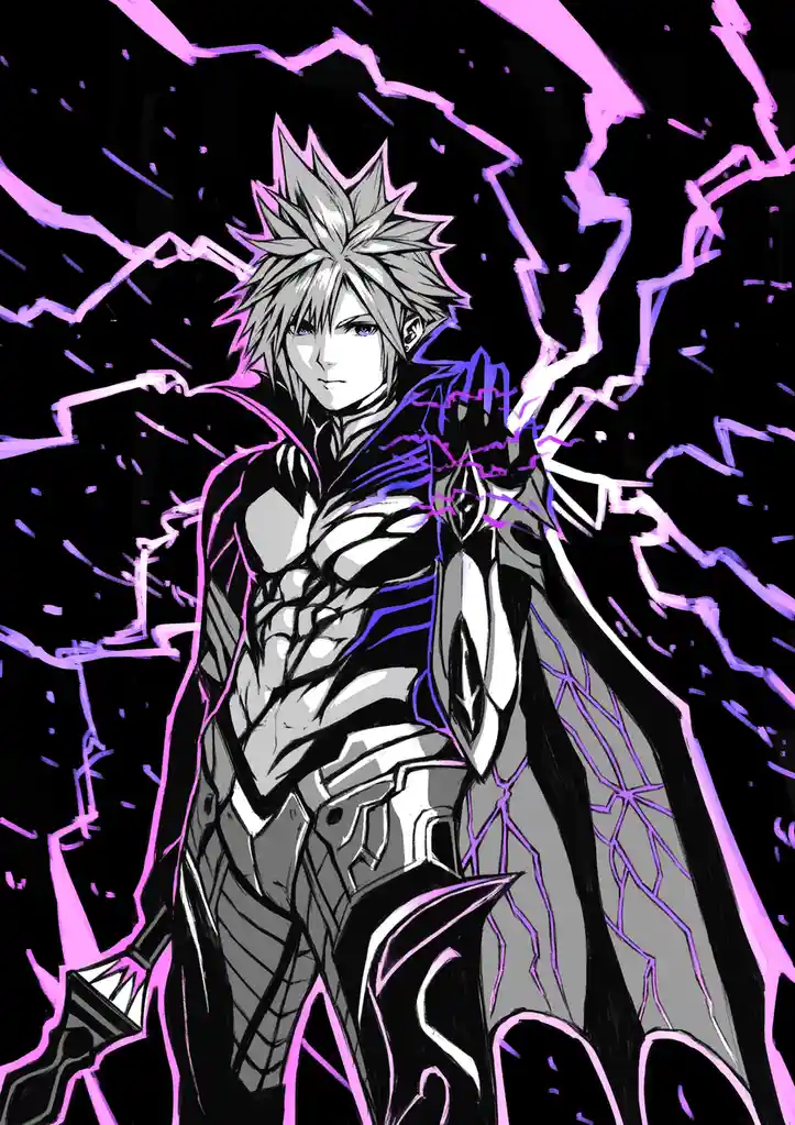 An anime-style illustration of a spiky-haired male character in detailed armor, surrounded by vibrant purple lightning bolts…