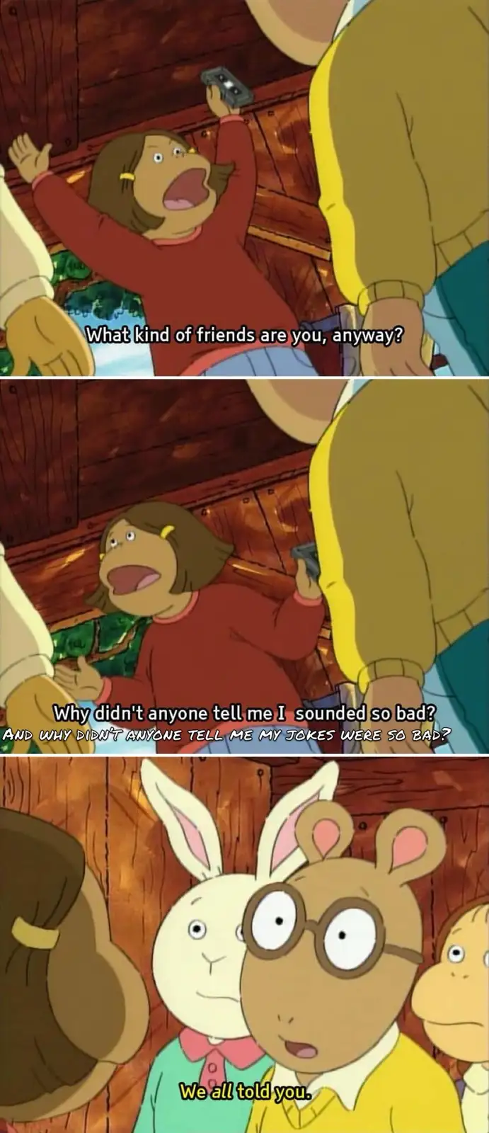A three-panel meme from the animated show 'Arthur' showing a girl in a red shirt reacting with shock and frustration after…