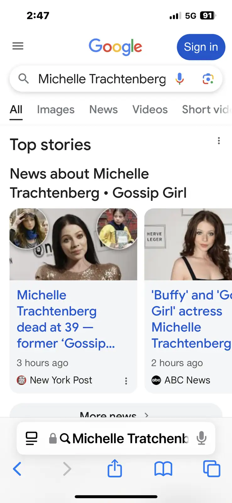 A screenshot of a Google search results page for 'Michelle Trachtenberg' shows top news stories, including one from the New…