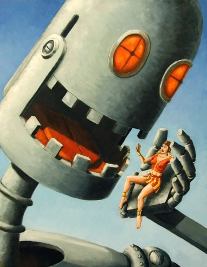 A vintage-style painting depicts a large, metallic robot with glowing orange eyes and a wide, toothy mouth looming over a…