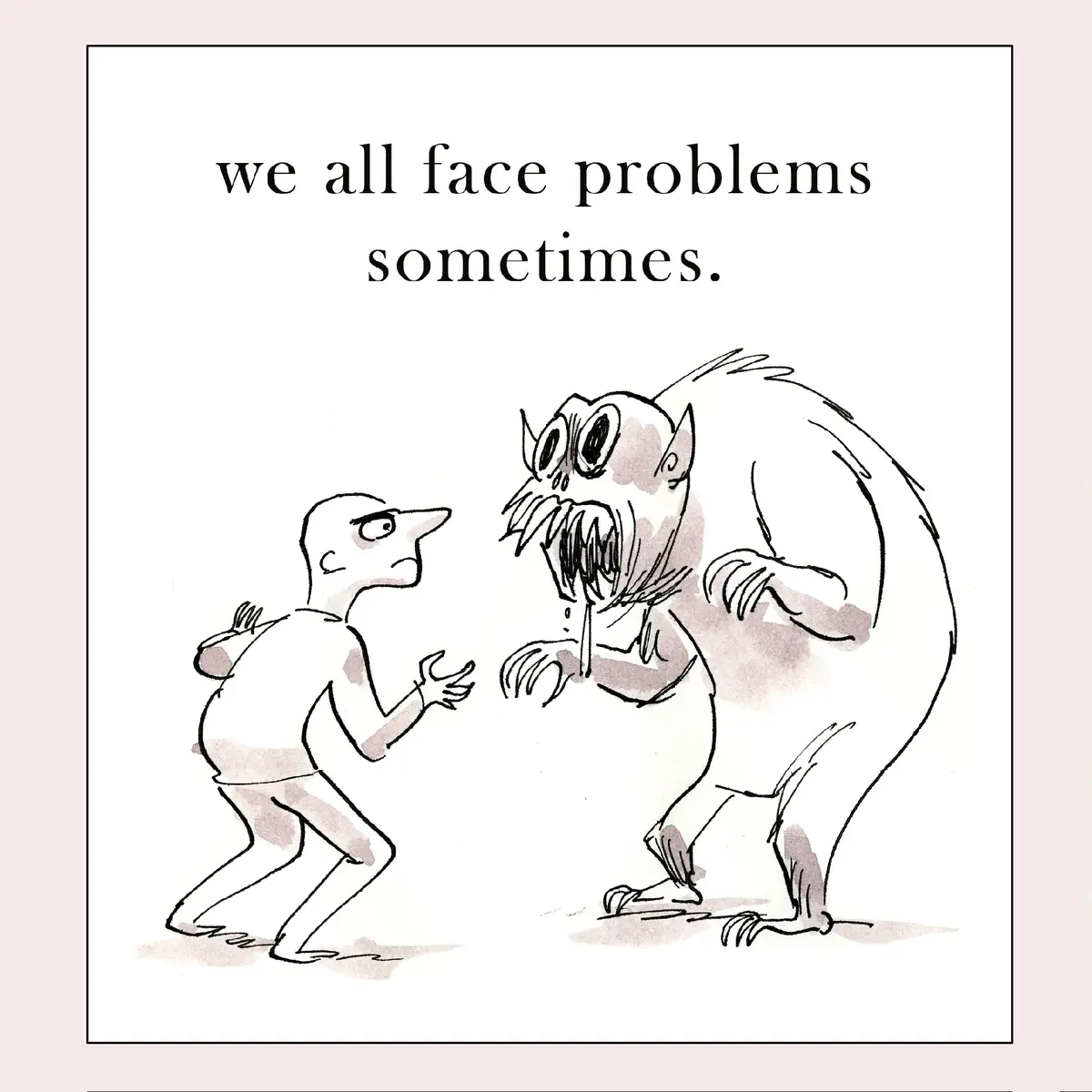 A cartoon depicts a small, human-like figure facing a large, monstrous creature with wild eyes and a beard. The small figure…