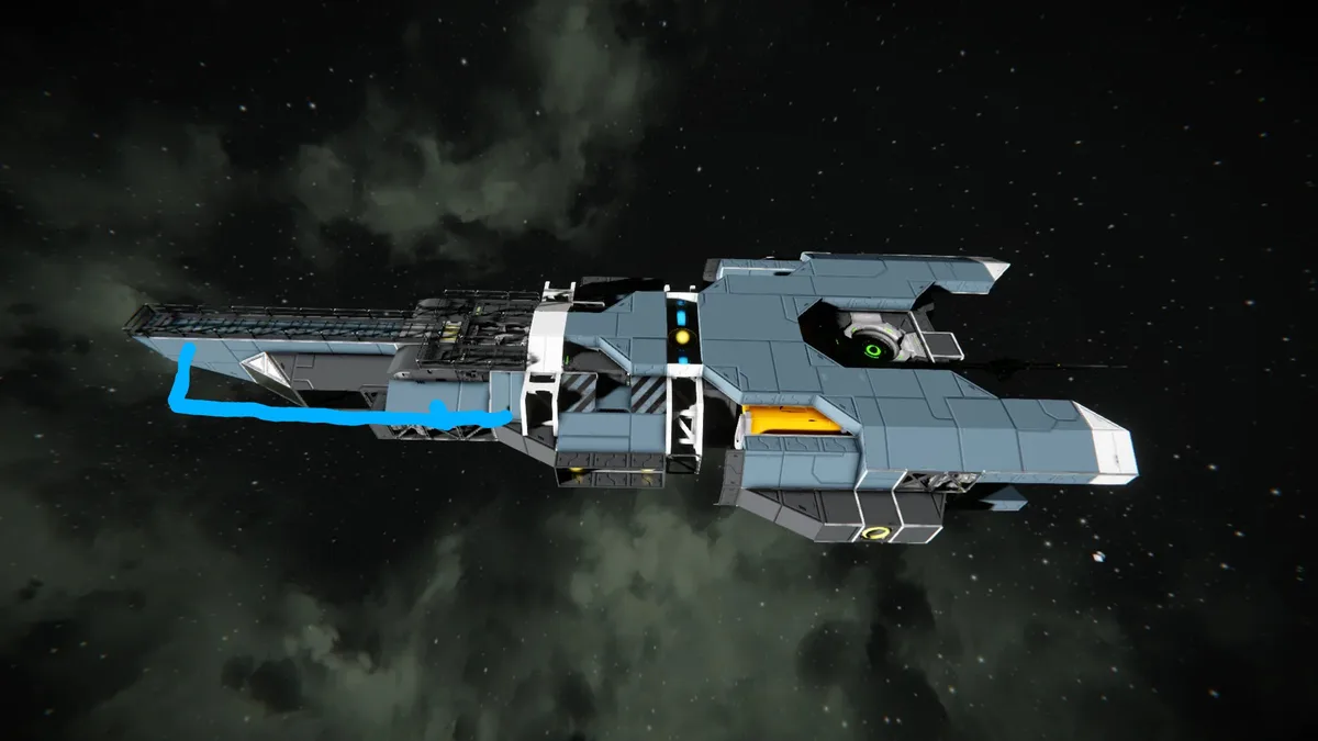 a detailed spaceship model floats in a starfield with nebulae, featuring gray, white, and black panels, glowing green and…