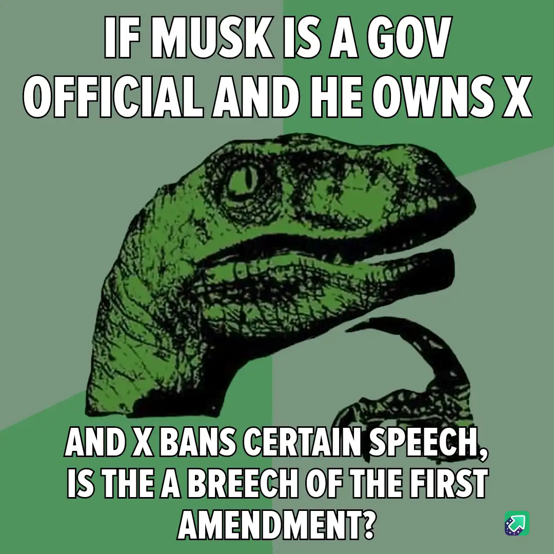 The image features the iconic green 'Philosoraptor' meme template, a cartoon illustration of a raptor with a thoughtful…