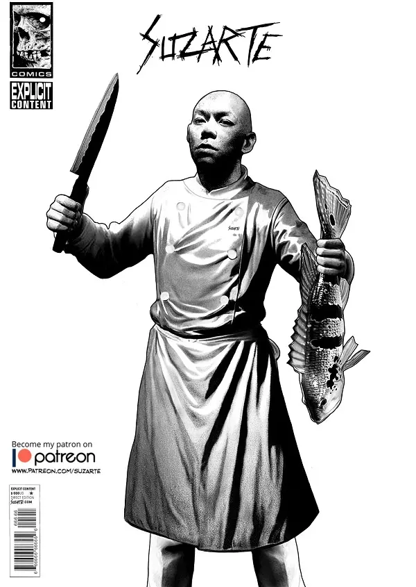 A black-and-white comic book cover featuring a bald man in a chef's uniform holding a large knife in one hand and a fish in…
