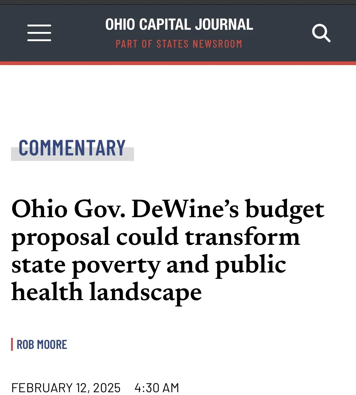 A screenshot of a news article from the Ohio Capital Journal, under a 'COMMENTARY' section, with the headline 'Ohio Gov…