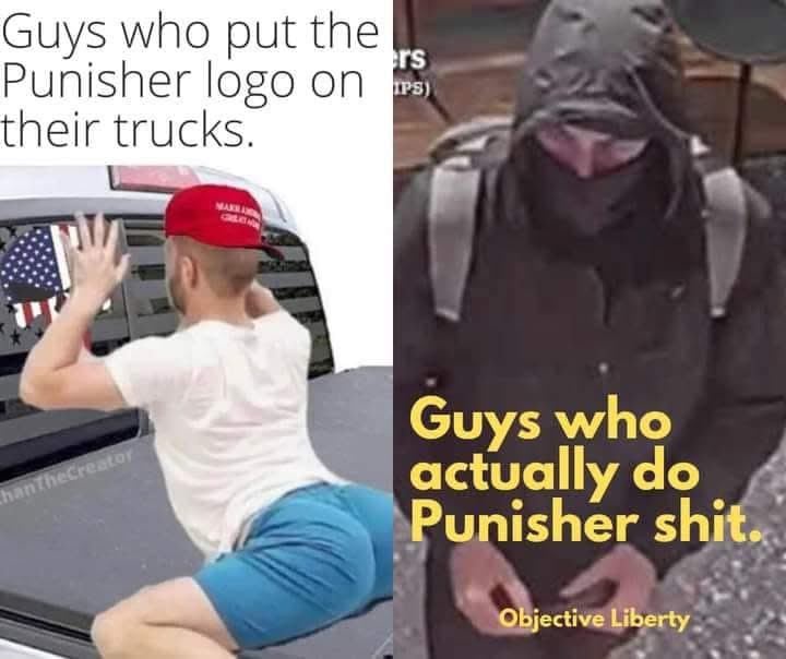 The image is split into two panels. Left: A man in a red 'Make America Great Again' cap and blue shorts is kneeling on a…