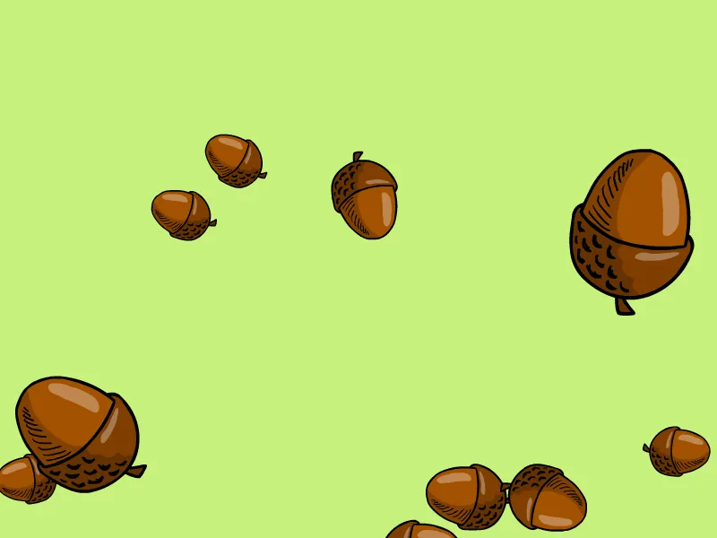 The image shows two horizontal panels with cartoon acorns falling against a light green background. The top panel has acorns…
