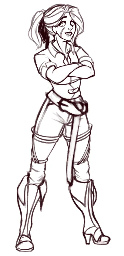 a black-and-white sketch of a female character with pigtails, wearing high-heeled boots and holding a sword, standing with…