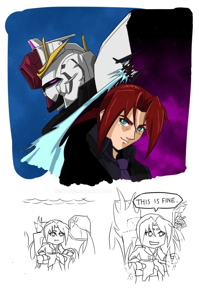 The image shows a composite: a large panel with a red-haired anime character (Sora from Kingdom Hearts) looking smugly at…