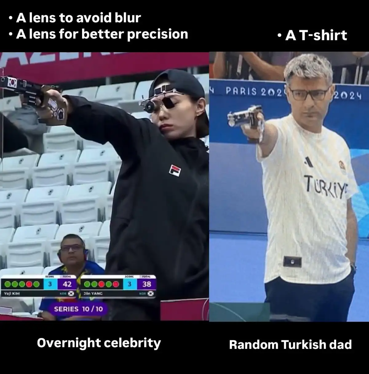 The image is split into two panels. Left: A professional female Olympic pistol shooter wearing specialized shooting glasses…